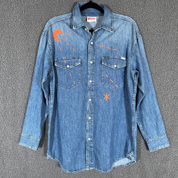 David Bowie Western Denim Snap Shirt By Mother Jeans - Men's Size M - Blue - Picture 4 of 12